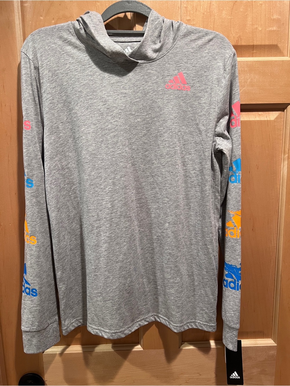 adidas Gray Lightweight Hooded Long Sleeve Shirt with Colorful Logo Accents XL